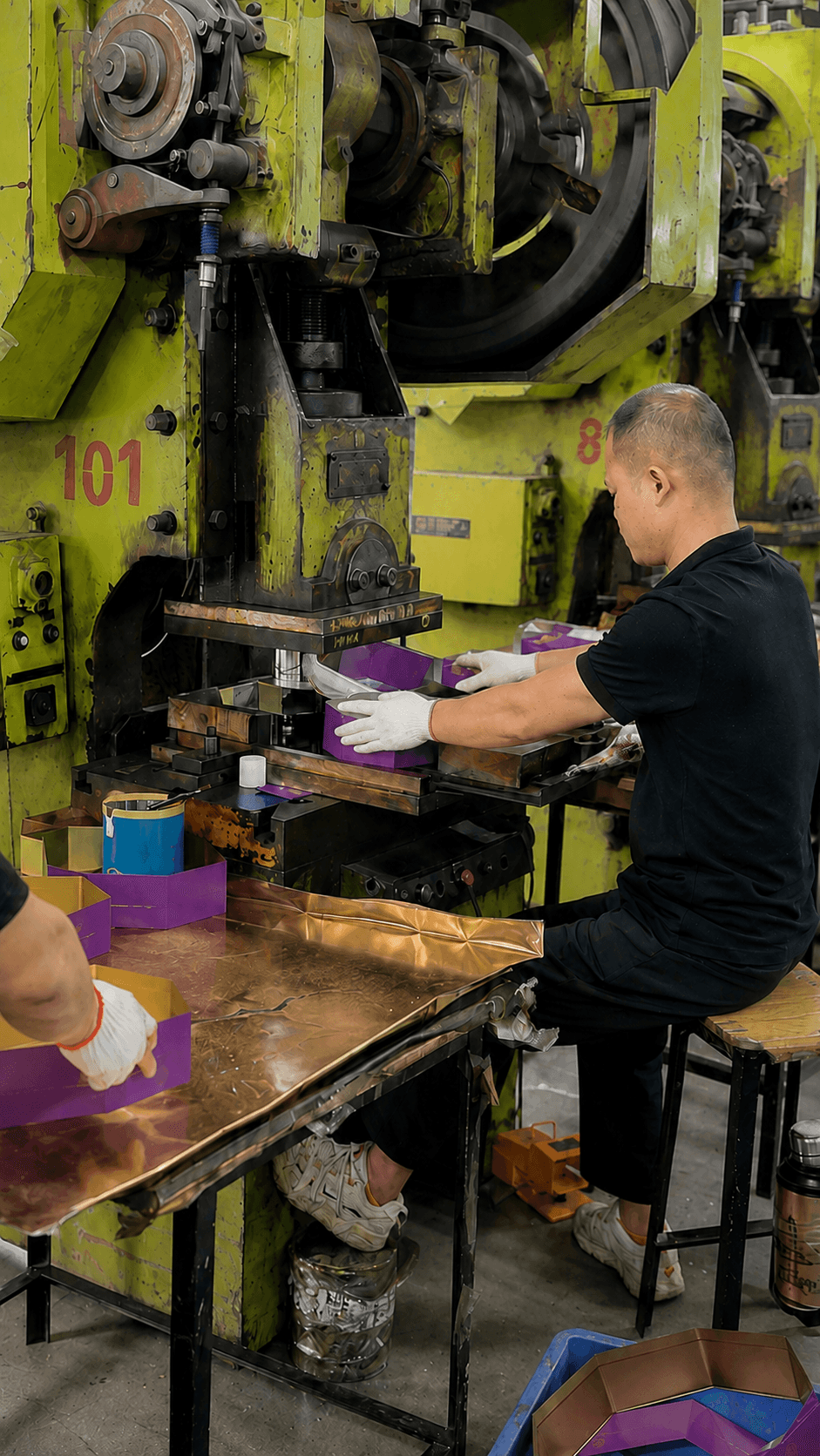 Operator running a metal-forming press during custom tin production
